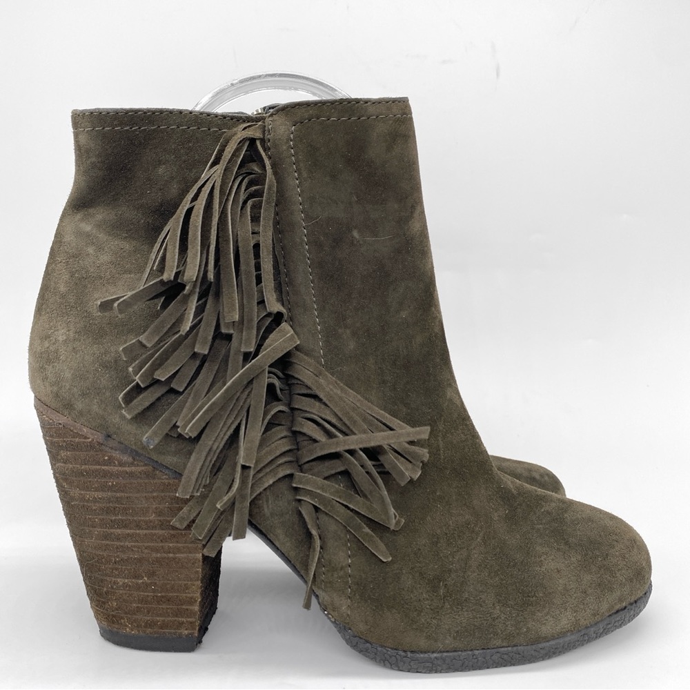 VINCE CAMUTO Suede Fringe Ankle Booties Olive Green Western Boho Zip Size 6.5 W